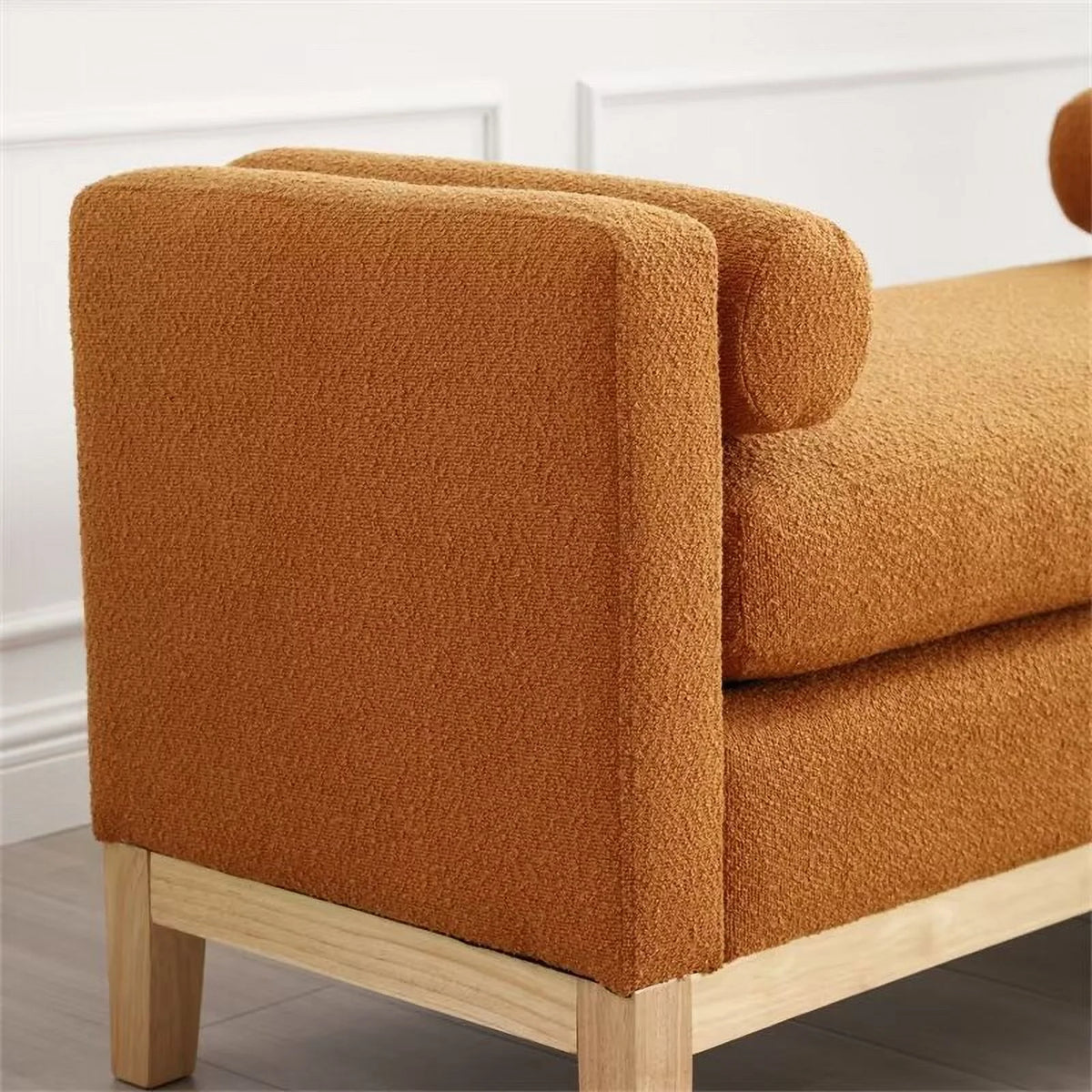 End of Bed Bench, 53.5" Boucle Fabric Upholstered Entryway Bench with Wood Legs & Bolster Pillows, Rolled Arm Cushioned Ottoman Foot Rest Long Stool Window Extra Seating for Bedroom, Ivory