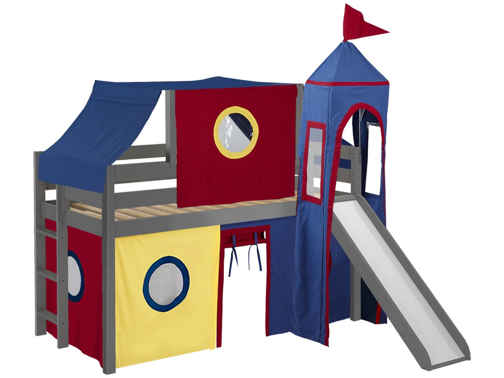 JACKPOT! Castle Low Loft Bed with Slide, Red Yellow and Blue Tent and Tower, Twin, Cherry