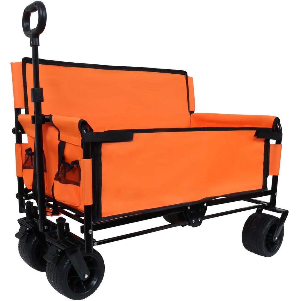 3-in-1 Collapsible Wagon Cart with Bench Seat, 500lbs Convertible Heavy Duty Utility Wagon with Flexible Handle, All-Terrain Folding Grocery Cart with Wheels for Shopping, Camping, Orange