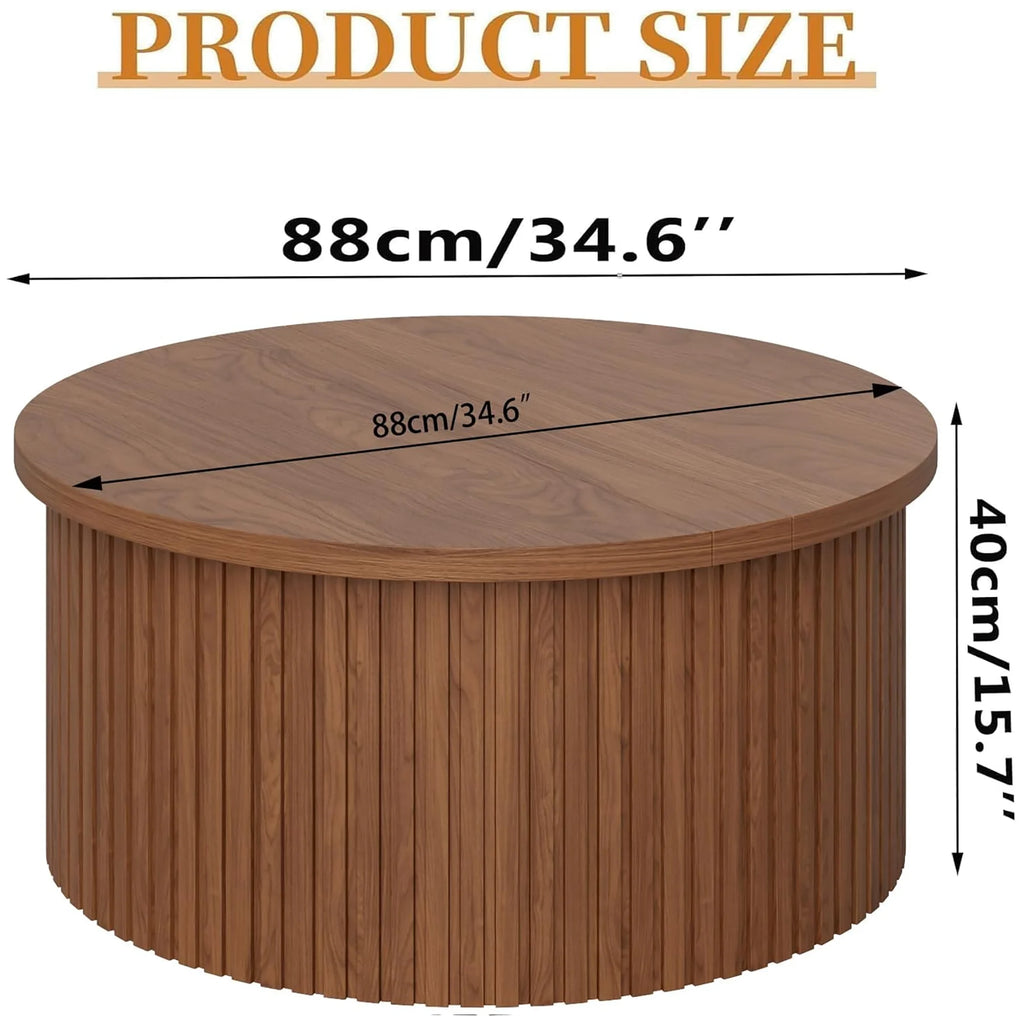 Oubayajia Round Coffee Table with Storage, Wood Lift Top Coffee Table, Waveform Panel, Natural