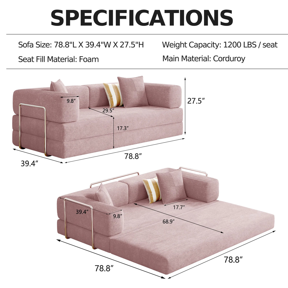 Convertible Sleeper Sofa Bed,Compressed Floor Boneless Couch,Modular Modern Corduroy Sofa for Living Room Bedroom -with Fixed-Shape Frame and Support Armrest,Easy Assembly(Green)