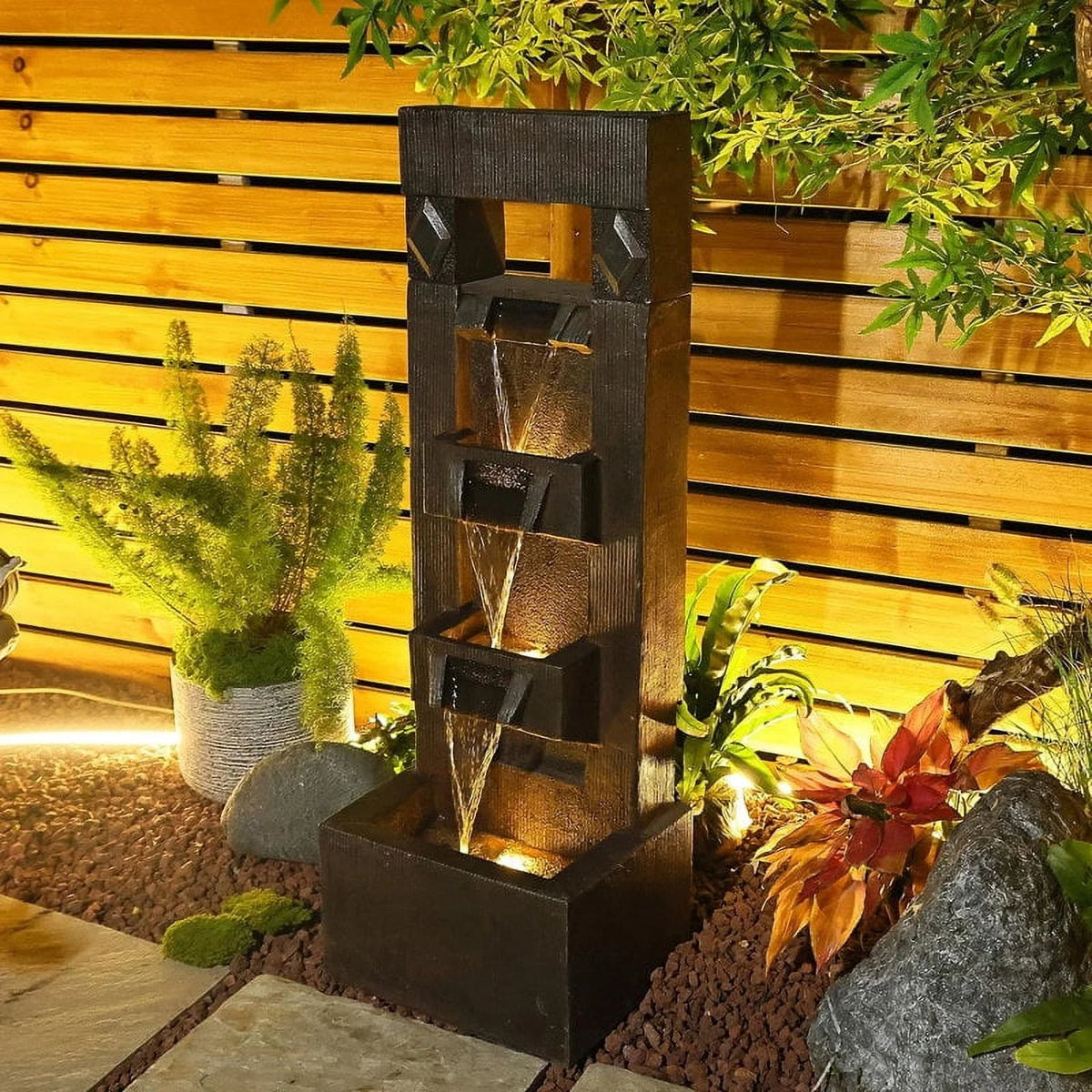 Outdoor Fountains and Indoor Waterfalls 4 Floor-Standing Water Fountain Outdoor with LED Lights for Garden, Living Room, Patio, Home Decor