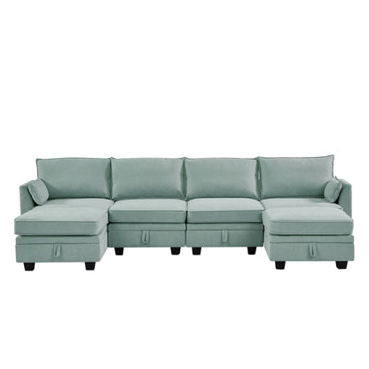 Euroco Large U-Shaped Sectional Sofa 6 Seat Convertible Sofa with Storage Seat, Modular Sofa with 2 Stools, Green