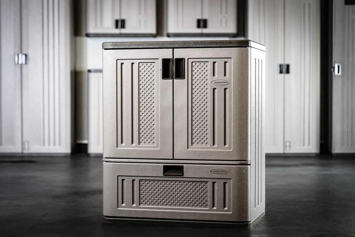 Suncast Single Drawer Resin Base Storage Cabinet, Platinum Metallic