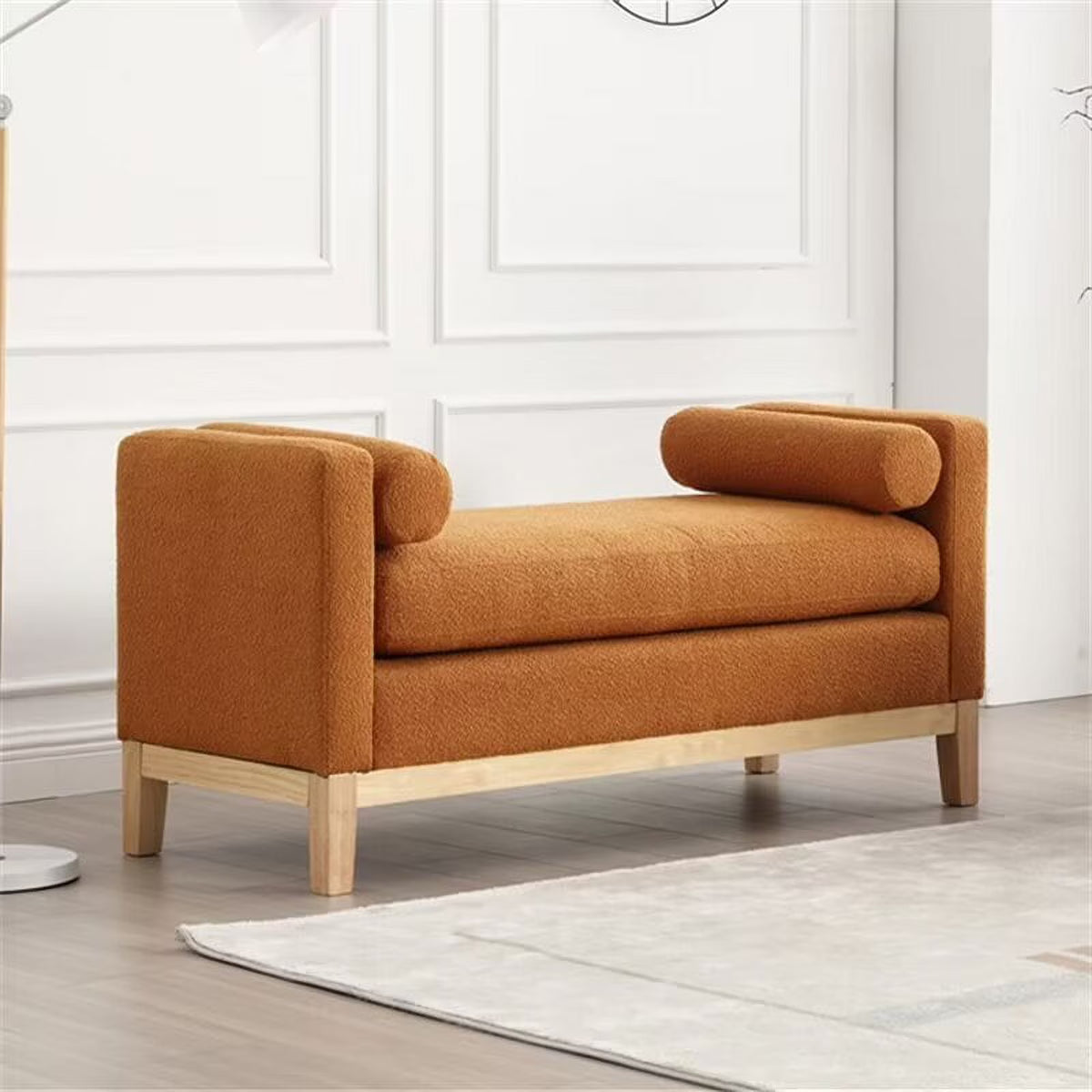 End of Bed Bench, 53.5" Boucle Fabric Upholstered Entryway Bench with Wood Legs & Bolster Pillows, Rolled Arm Cushioned Ottoman Foot Rest Long Stool Window Extra Seating for Bedroom, Ivory
