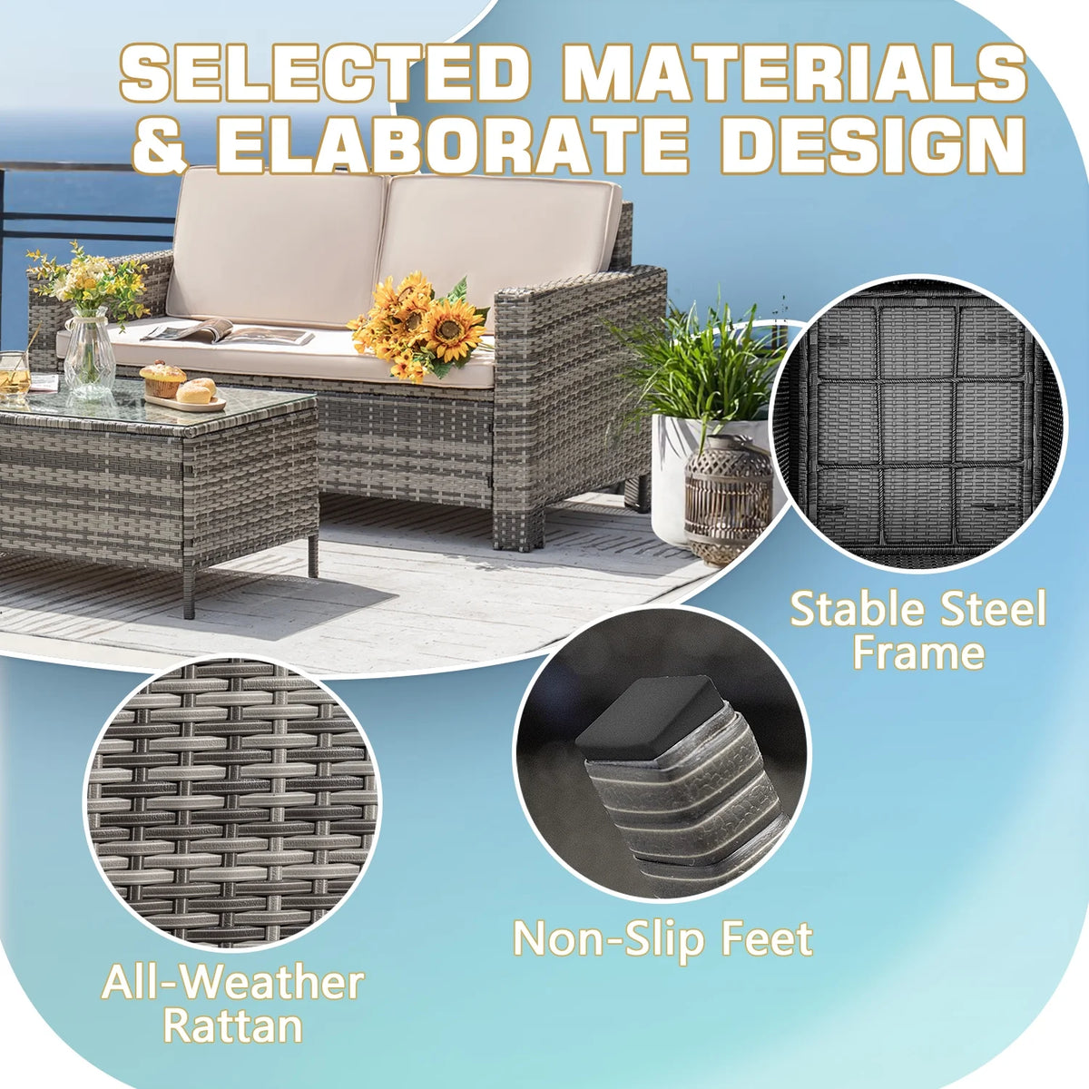 Lacoo 4 Pieces Patio Furniture Sets Rattan Chair Wicker Conversation Sofa Set Outdoor Tble and Chairs for Backyard Porch Garden Poolside Balcony, White