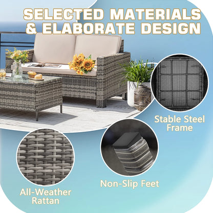 Lacoo 4 Pieces Patio Furniture Sets Rattan Chair Wicker Conversation Sofa Set Outdoor Tble and Chairs for Backyard Porch Garden Poolside Balcony, White