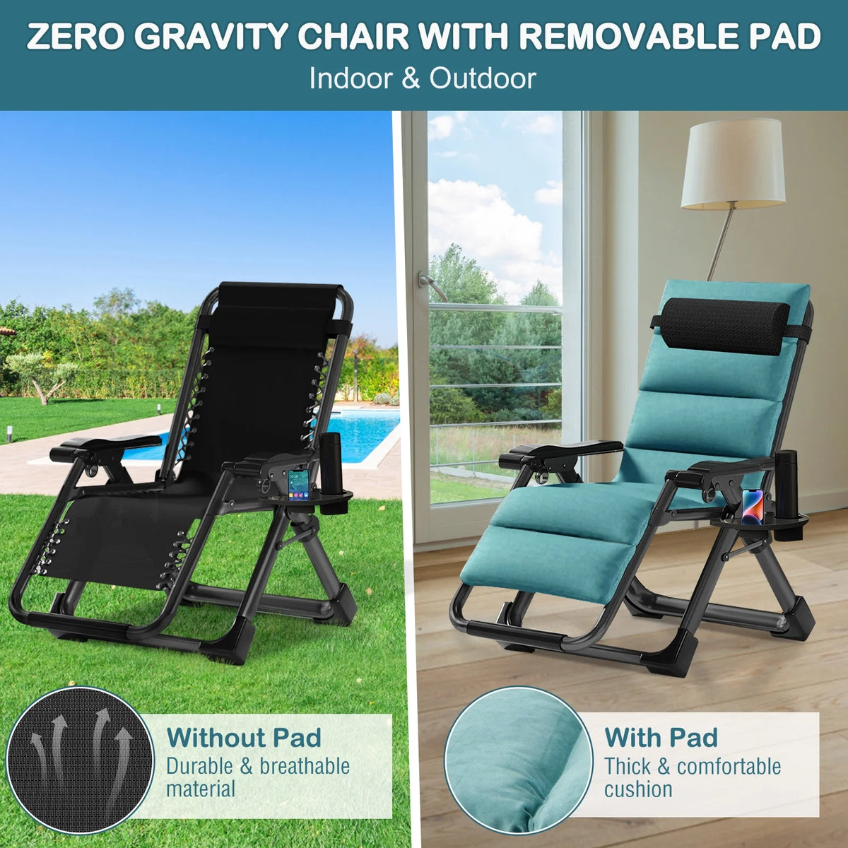 NAIZEA Zero Gravity Chair with Removable Cushion and Cup Holder Black