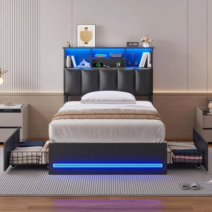 AOGLLATI Upholstered Platform Twin Bed with 4 Storage Drawers & Charging Station & LED Lights, Black