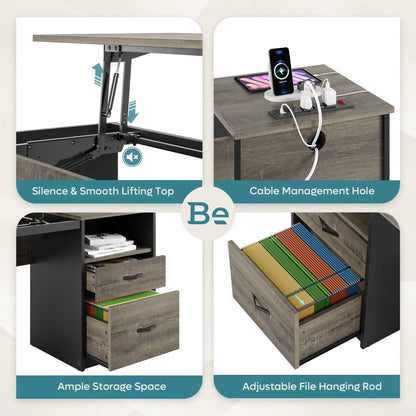 Bestier Computer Desk with Drawers Power Outlet  60" Office Desk Lift Top Desk, Gray