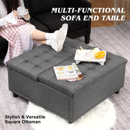 Magic Union 35" Large Square Storage Ottoman, Oversized Square Ottoman with Storage, Tufted Upholstered Ottoman Coffee Table with Lift Top for Living Room (Beige)