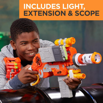 Nerf Zombie Strike Survival System Scravenger with Two 12-Dart Clips. 26 Darts. Light. Barrel Extension. Scope. Stock. and 2-Dart Blaster