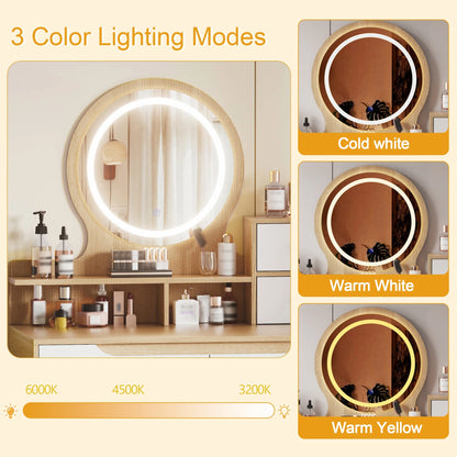 Montary Modern Mini Vanity w/Adjustable LED Mirror + Hidden Storage, Padded Stool & Dustproof Shelves (White)