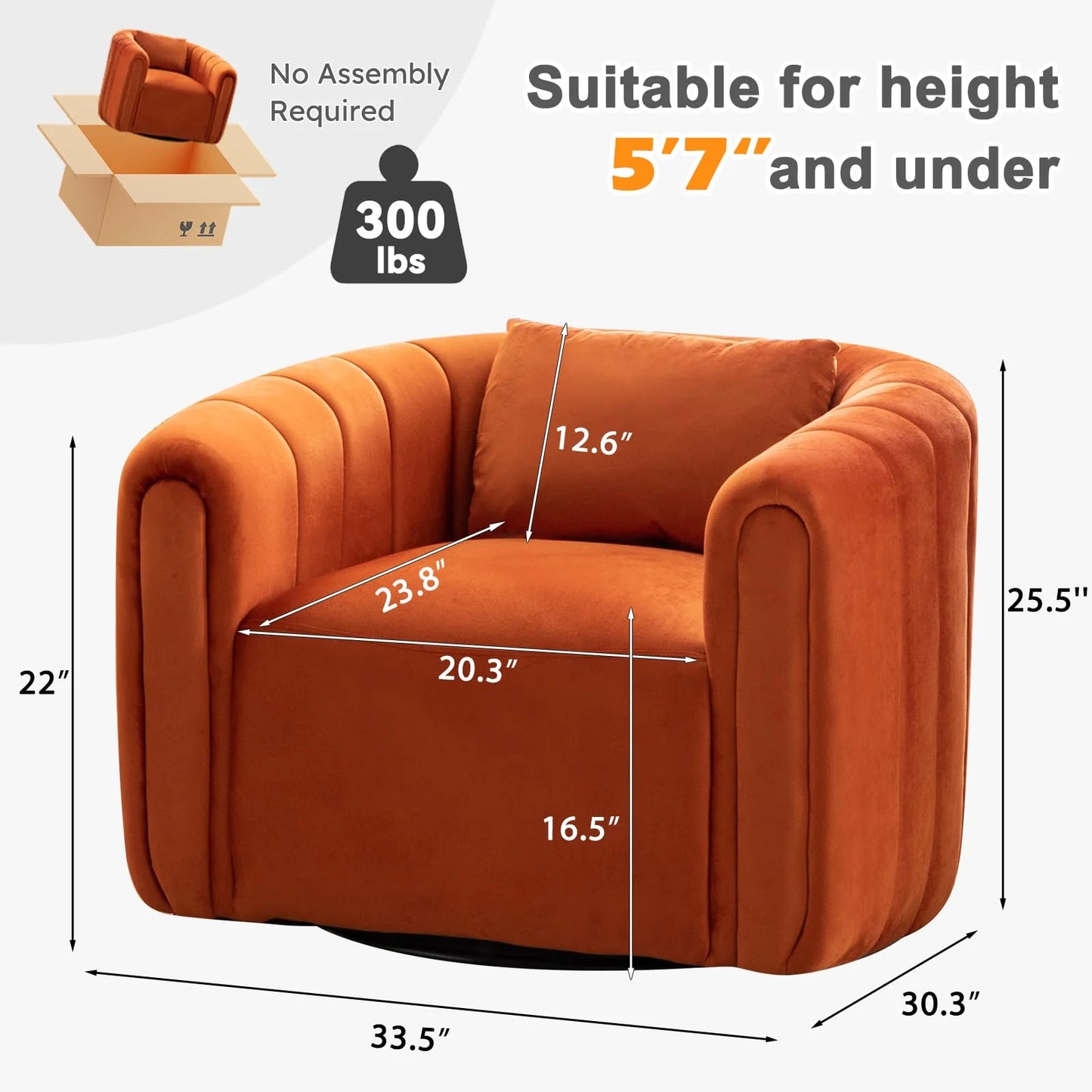 Bonzy Home Swivel Chair with Plump Pillow, Modern Velvet Accent Chair for Living Room Bedroom , Comfy Round Armchair, Orange
