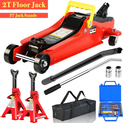 POVANLI Floor Jack, 2 Ton Low Profile Floor Jack, 3t jack stand Tire Repair Kit Heavy Duty Steel Racing Floor Jack with Single Piston Quick Lift Pump, Floor Jack Lifting Range 3.3"-15.2"