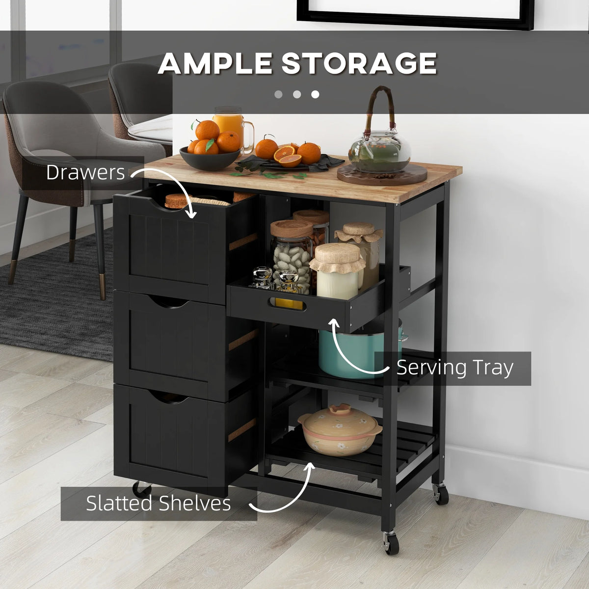 HOMCOM Rolling Kitchen Island Cart, Bar Serving Cart, Compact Trolley on Wheels with Wood Top, Shelves & Drawers for Home Dining Area, Grey