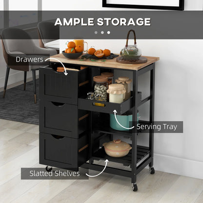 HOMCOM Rolling Kitchen Island Cart, Bar Serving Cart, Compact Trolley on Wheels with Wood Top, Shelves & Drawers for Home Dining Area, Grey