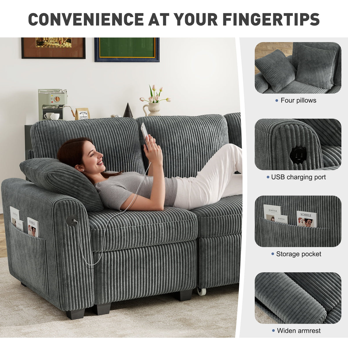 BedLuxury 83" Sectional Sleeper Sofa with Pull Out Bed, L Shaped Couch with Storage Seat for Living Room, Gray