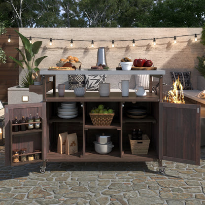 Bellemave Outdoor Serving Cart Kitchen Island Solid Wood Mobile Rolling Bar Cart with Lockable Wheels, Rack and Stainless Steel Top Beverage Storage Counter Table with Cabinet for Patio, Natural