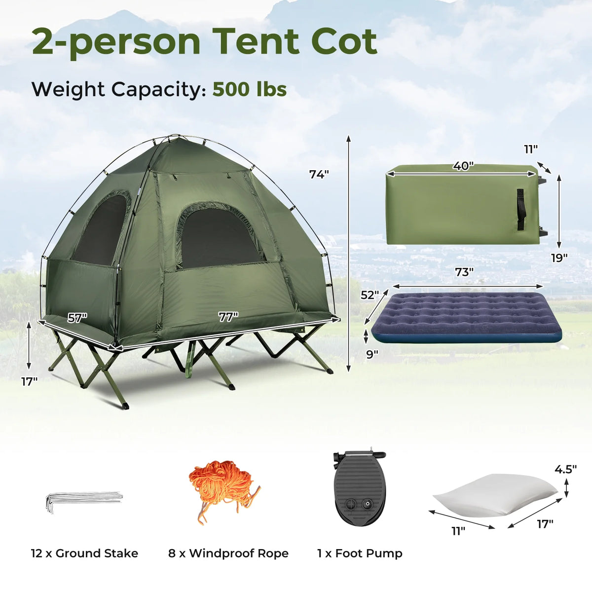 Patiojoy Folding 2-Person Camping Tent Cot Portable Pop-Up Tent with Sleeping Bag&Air Mattress for Outdoor Activity