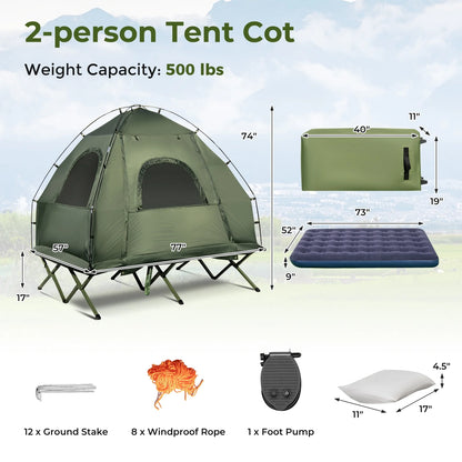 Patiojoy Folding 2-Person Camping Tent Cot Portable Pop-Up Tent with Sleeping Bag&Air Mattress for Outdoor Activity