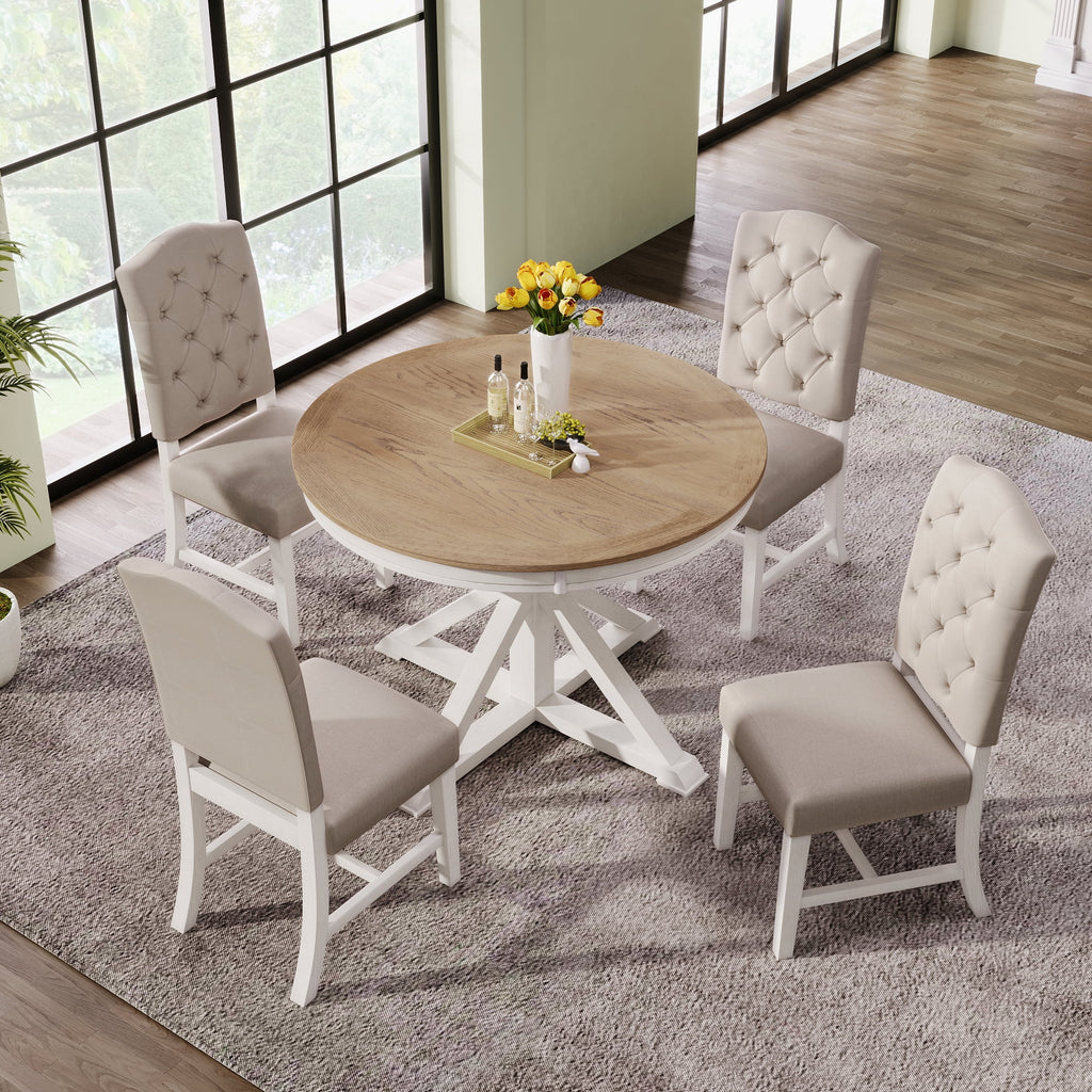 Harper & Bright Designs Round Extendable Dining Table Set for 4, 5 Piece Farmhouse Wood Dining Table Set with 4 Upholstered Dining Chairs, Natural Wood Wash