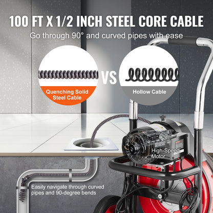 VEVOR Drain Cleaner Machine 100FT x 1/2 Inch, Auto Feed Sewer Snake Auger on Wheels, 550W Portable Drain Cleaning Machine with 8 Cutters & Air-activated Foot Switch for 2" to 4" Pipes