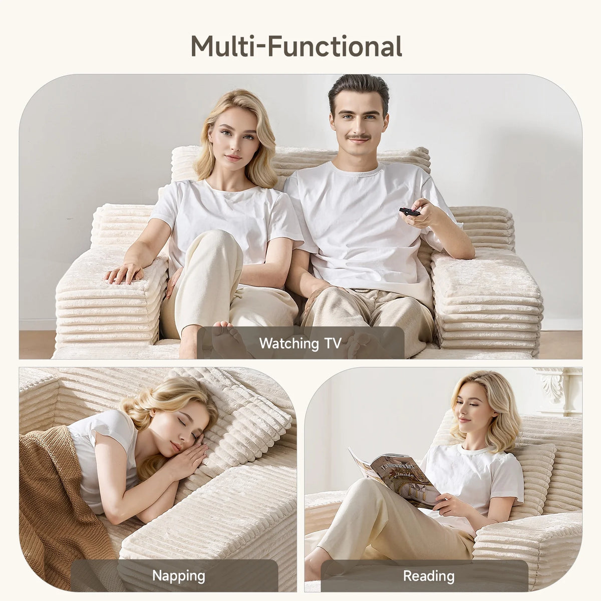 65" Corduroy Cloud Sleeper Chaise Lounge Chair, No Assembly Sofa Bed with Pillows, Beige