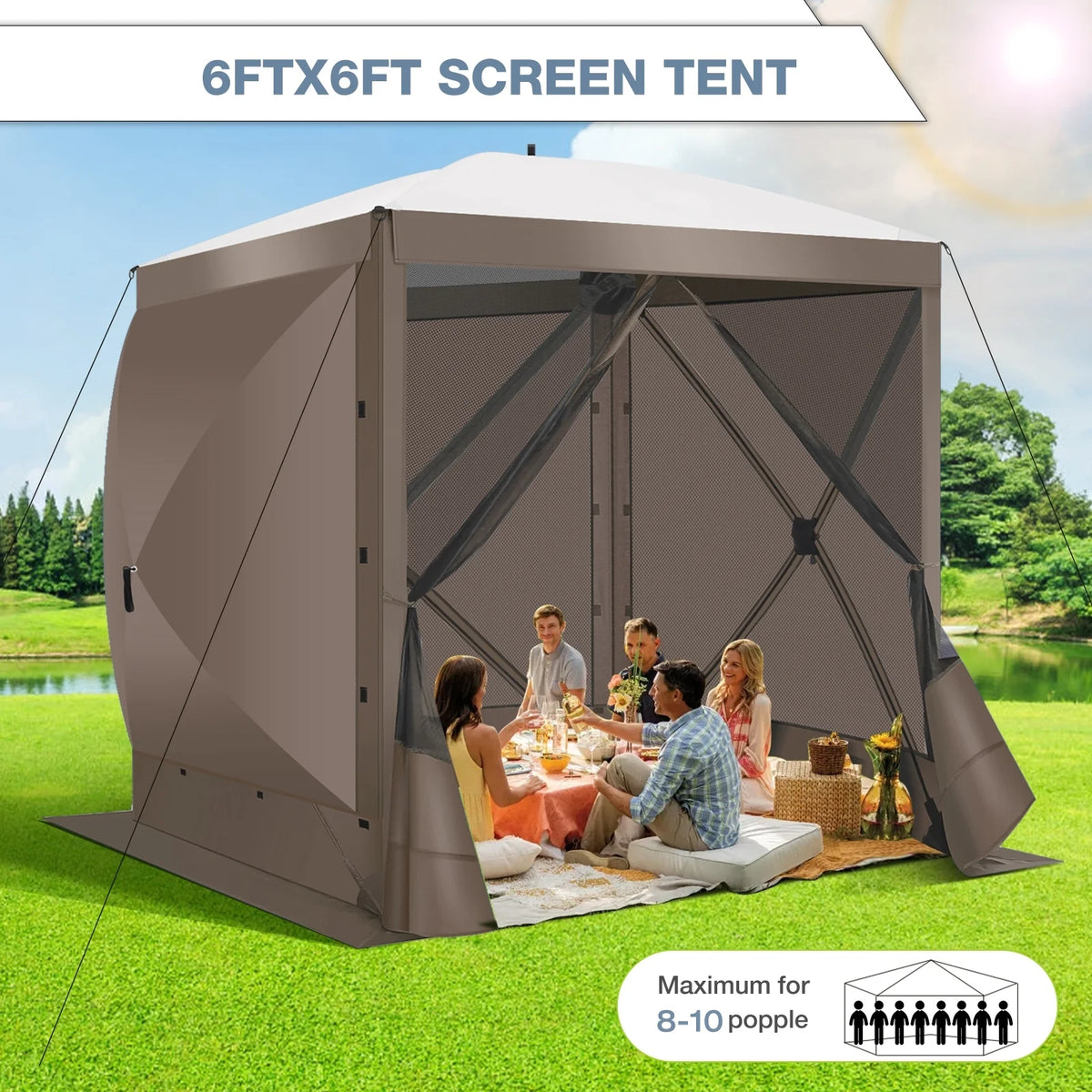 Hoteel 6x6ft Outdoor Pop Up Gazebo for Camping, Screen House with 4 Sidewalls and Mosquito Netting, Waterproof, UV Resistant,Portable Carry Bag, for Outdoor Camping, Lawn and Backyard, Brown