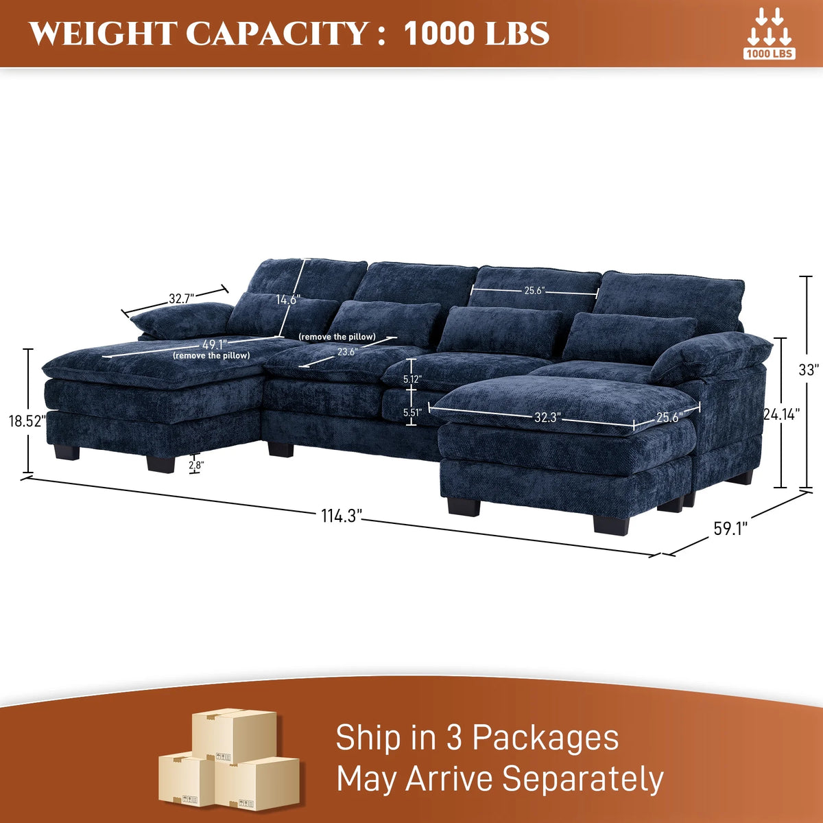 Rophefx 114.3" U Shaped Sectional Couches for Living Room,Cloud Couch,4 Seats Chenille Couch with Double Layer Cushion,Orange