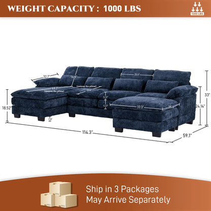 Rophefx 114.3" U Shaped Sectional Couches for Living Room,Cloud Couch,4 Seats Chenille Couch with Double Layer Cushion,Orange