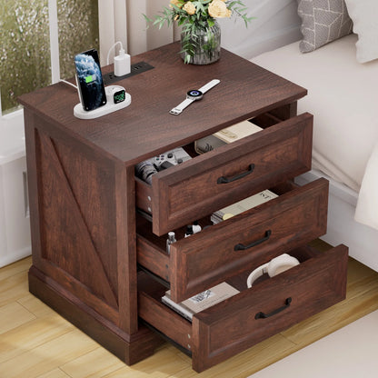 Hommpa Farmhouse 3 Drawers Nightstand with Charging Station, Rustic Wood Night Stand with Drawers for Bedroom, Vintage Bedside Table Small Dresser Chest of Drawers for Living Room, White