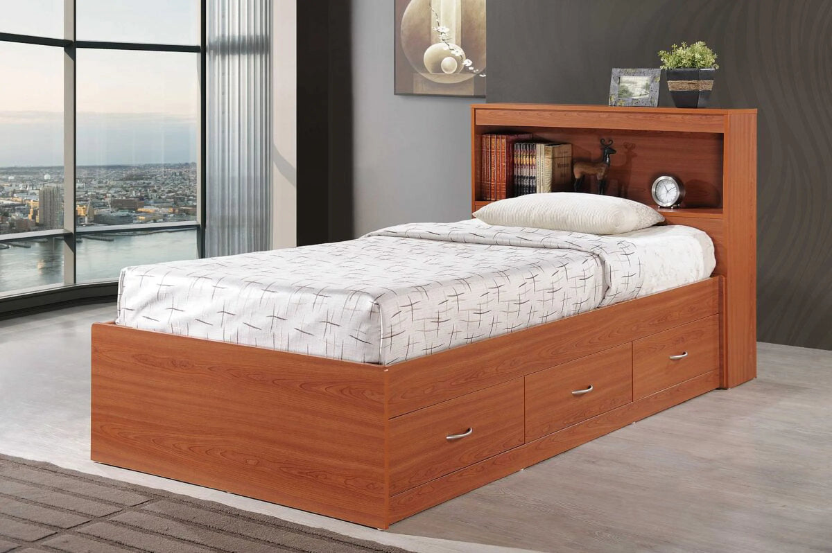 Hodedah Twin-Size Captain Bed with 3-Drawers and Headboard in White