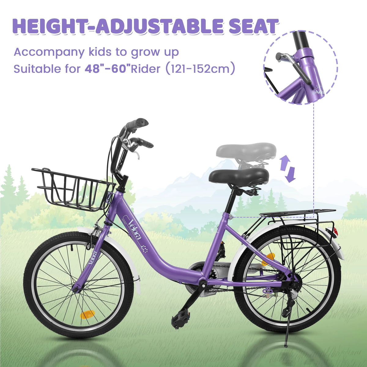 20 Inch Kids Bike for Boys Girls, 1 Speed Children Bicycle with Basket, Rear Seat, Chain Guard, Coaster Brake and V-Brake, Steel Frame Kids Bike for Ages 6-12 Years Old Birthday Gift, Purple