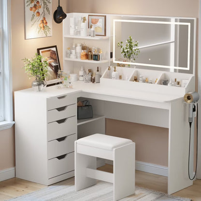 Furmax L Shaped Vanity Desk Set Corner Makeup Vanity Set with Adjustable LED Lighted Mirror & Power Outlets Dressing Table with Organizers, and Cushioned Stool, White