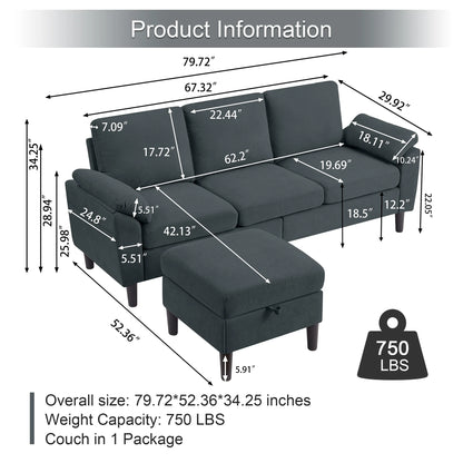 Pingliang Home Sectional Sofa Couch with Storage Ottoman,Modern 3 Seat L Shaped Sofa Couch for Living Room Apartment Studio Office