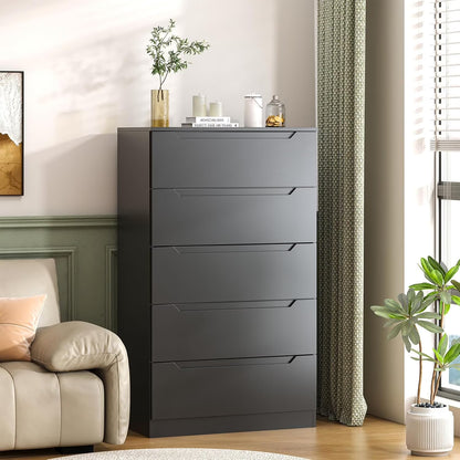 Winkalon Vertical 5 Drawer Dresser, Wood Storage Cabinet with Upgraded Stable Base for Bedroom Living Room, Black