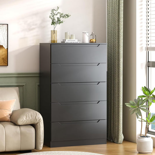 Winkalon Vertical 5 Drawer Dresser, Wood Storage Cabinet with Upgraded Stable Base for Bedroom Living Room, Black