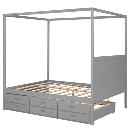 EUROCO Queen Size Canopy Platform Bed with Trundle and Drawers, Gray