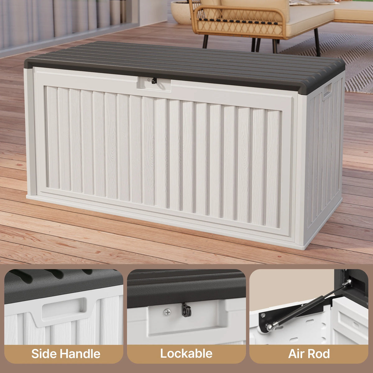 100 Gallon Resin Deck Box, Asofer Lockable Patio Outdoor Storage Box, Garden Tools Storage, Beige/Brown