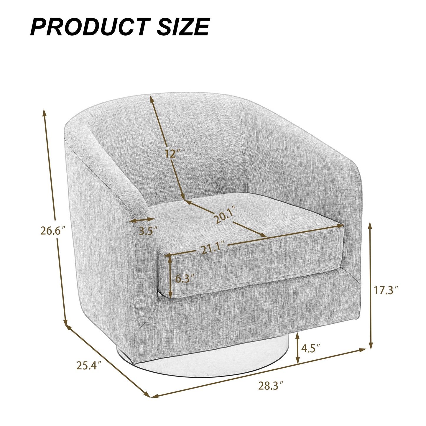 UIXE Swivel Accent Chair, Upholstered Fabric Barrel Chair for Living Room, Small Single Sofa Bedroom Reading Seat, Light Gray