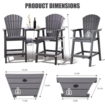 Tall Adirondack Chairs Set of 2，Outdoor Adirondack Barstools with Double Connecting Tray Patio Stools Weather Resistant for Outdoor Deck Lawn Pool Backyard,Grey