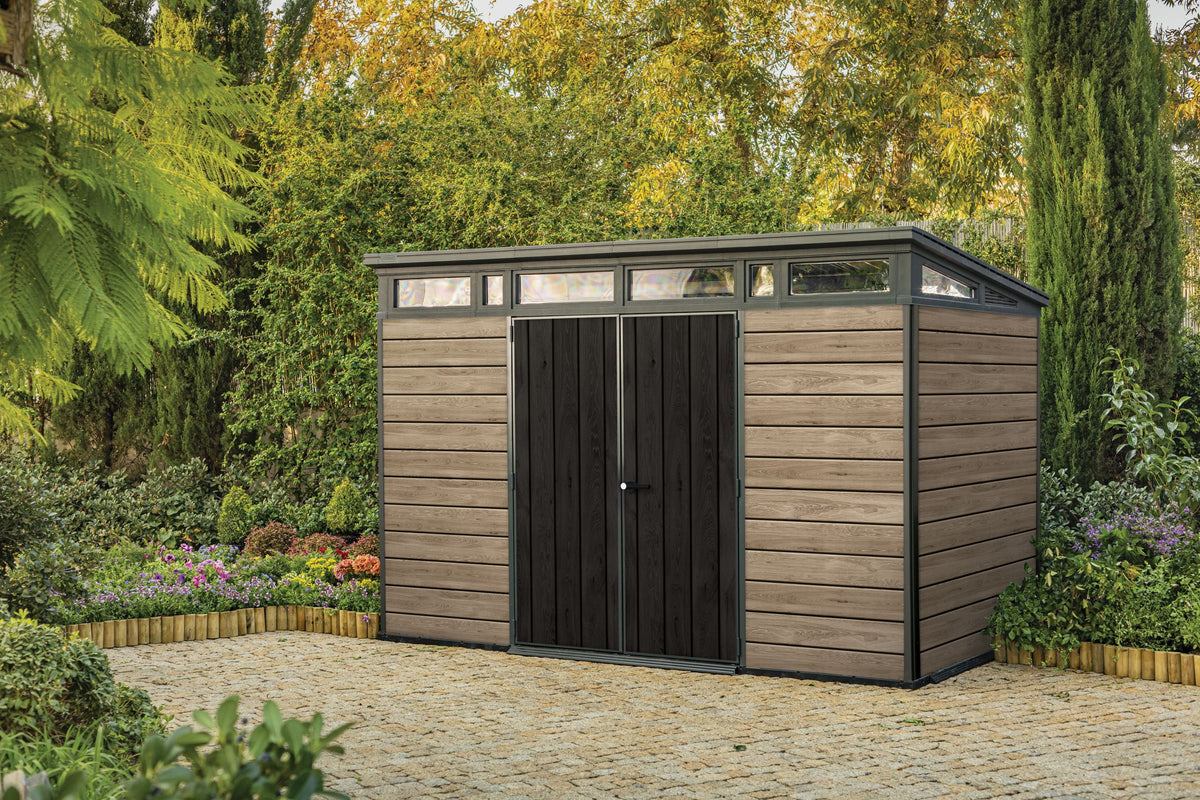 Keter Signature 11x7 ft. Durable Resin Outdoor Storage Shed With Heavy Duty Floor and Locking Door, Walnut