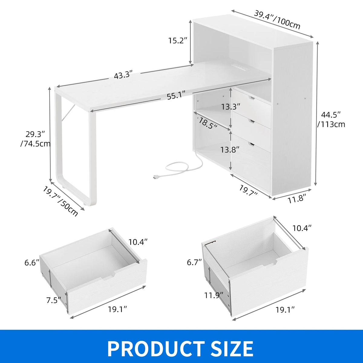 Dextrus L Shaped Desk with Power Outlets & LED Lights, Computer Desk with 3 Drawers and 3 Storage Shelves, White Office Desk Corner Desk for Home Office