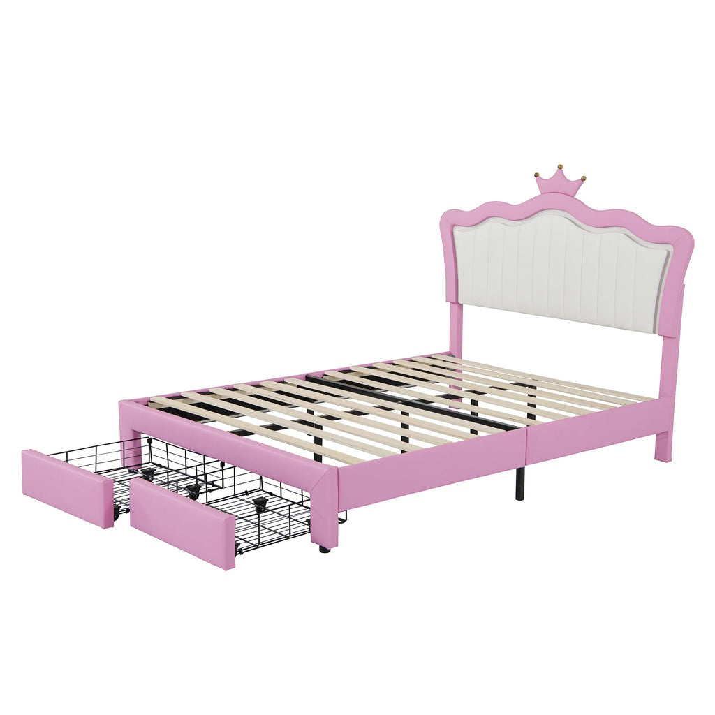 Miniyam Upholstered Twin Size Bed with LED Lights, Crown Headboard for Kids, Pink