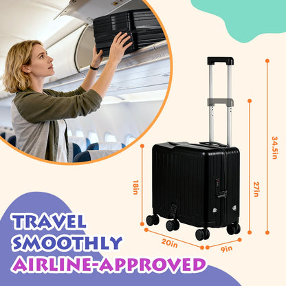 Advwin Ride-On Kids Luggage with Pull Strap, Footrests, Cup Holder, 6 Wheels & Adjustable Handle, 18-Inch Spinner Suitcase with Stickers & Boarding Pass, Pink