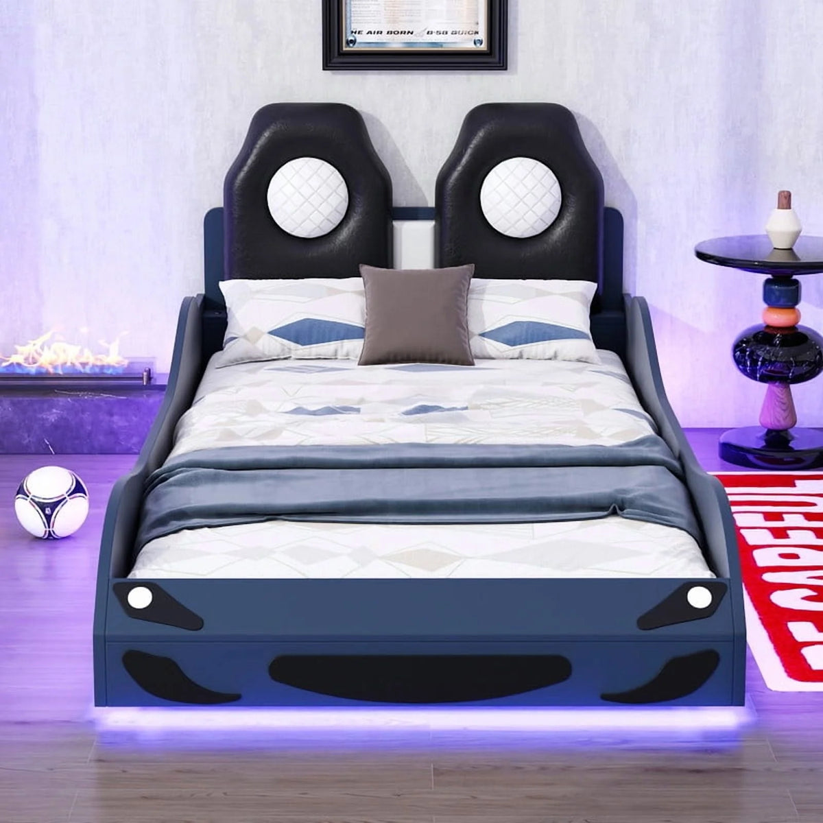 Bellemave Race Car Bed with LED Lights, Twin Size Bed Frame for Boys Kids Toddler Bed, Wooden Platform Racing Car Bed with Upholstered Backrest Headboard, No Box Spring Needed（White)