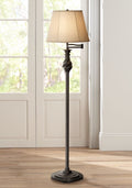 Regency Hill Traditional Swing Arm Floor Lamp 58" Tall Painted Black Bronze Swirl Font Faux Silk Beige Shade for Living Room Reading Office