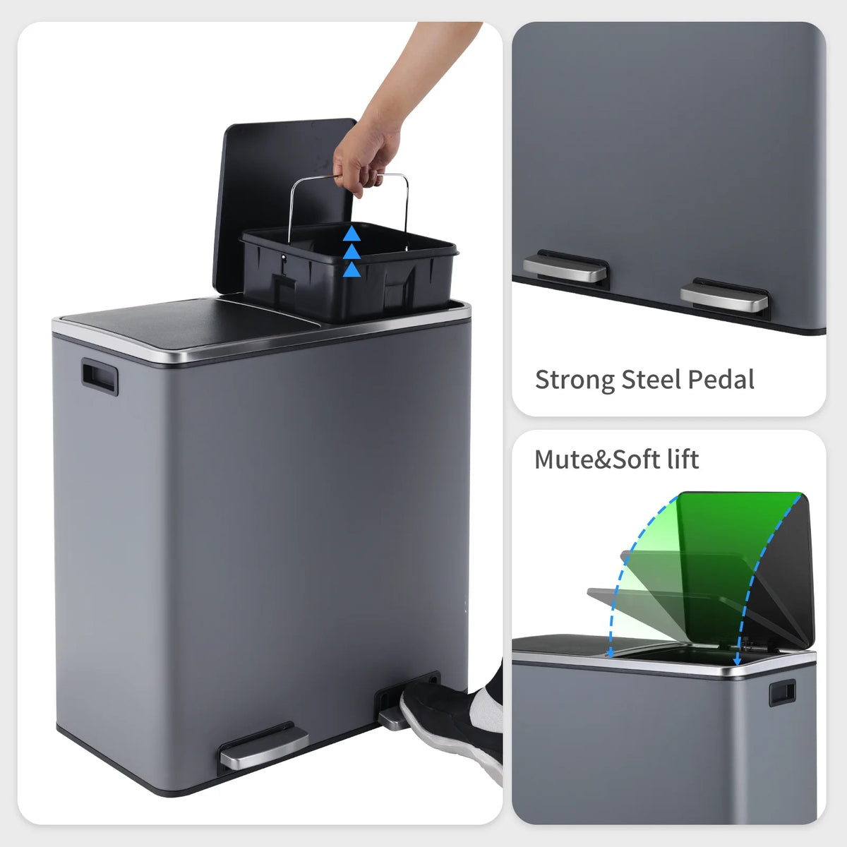LAZY BUDDY Dual Garbage Can, Stainless Steel 16 Gallon Step Kitchen Trash Can with Soft-Close Lid, Double Compartment Garbage Recycling Bin