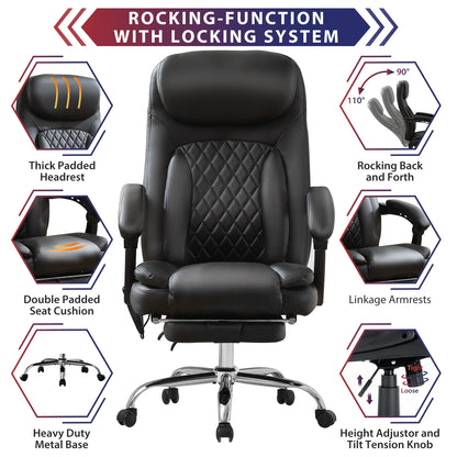 JONPONY Big and Tall Office Chair 500LBS Executive Office Chair Massage and Footrest Ergonomic Computer Desk Chair Reclining High Back Leather Office Chair Lumbar Back Support Swivel Rolling,Black